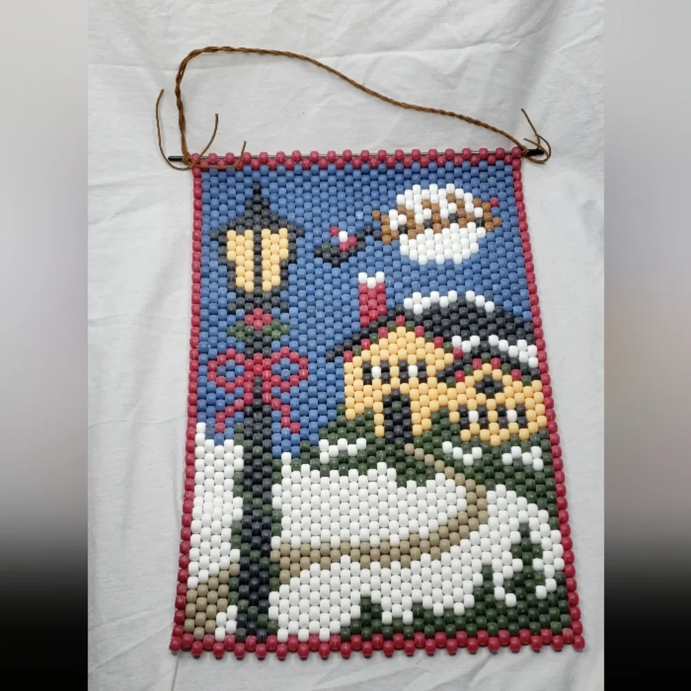 Vintage Beaded Banner Christmas House Santa Sled Reindeer